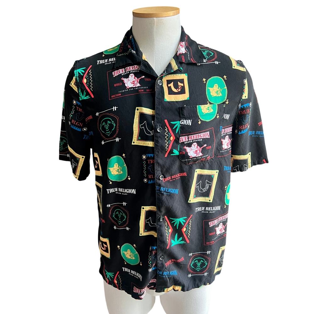 True Religion resort wear print collar black button down shirt size L